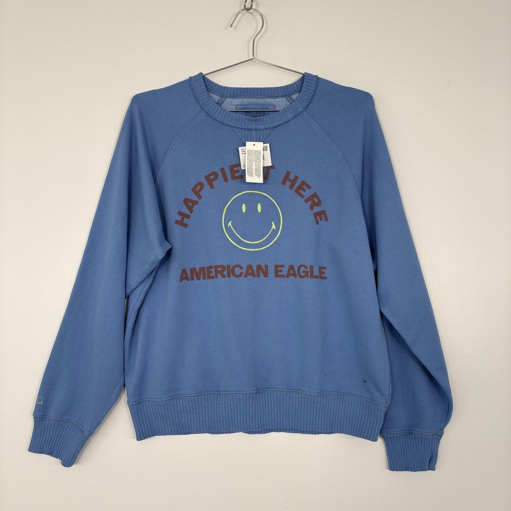 NWT American Eagle Sweatshirt Womens Medium Blue Smiley‎ Face Graphic Crewneck